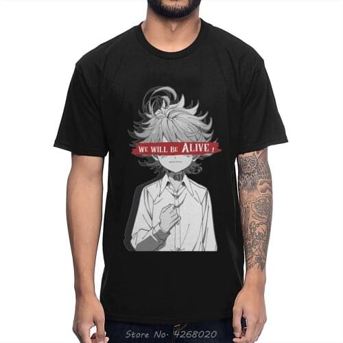 Anime The Promised Neverland T-Shirt Emma We Will Be Alive Tshirt Mens High-Q O-neck Cotton Tee Shirt Funny Harajuku