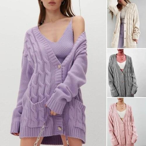 Womens Long Sweater Cardigans 2021 Autumn Winter New Pockets Buttons Sweet Loose Midi Knitted Cardigan Sweaters Woman Jacket