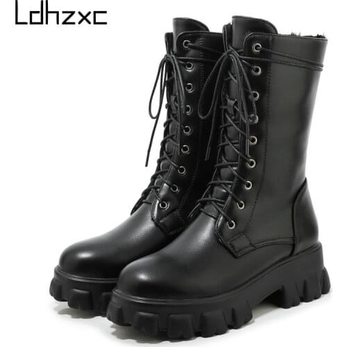 LDHZXC New Winter Pu Leather Chelsea Boots Women Platform Mid-calf Boots Mujer Ladies Lace-up Black Booties