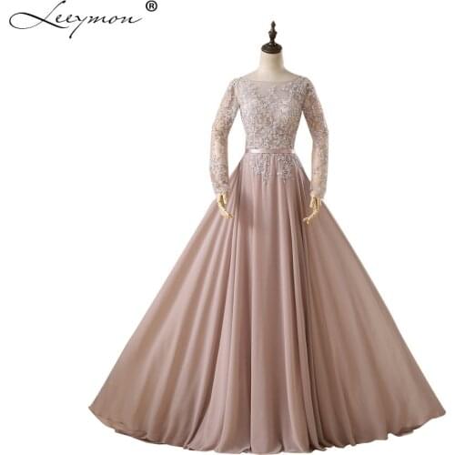 Leeymon Real Vintage Muslim Long Sleeves Evening Dress Plus Size Prom Dress Long Beaded Lace Party Dress A332