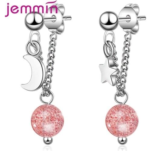 Fashion Asymmetric Earring Gift for Women Girl 925 Silver Moon/Star Needle Pin and Back Stoppers Strawberry Beads Dangle Jewelry