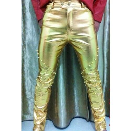 New Mens Brand Fashion Dj Shiny Silver Plus Size Leather Pants Personality Rivet Slim Men Sexy Leather Trousers / M-xxxl