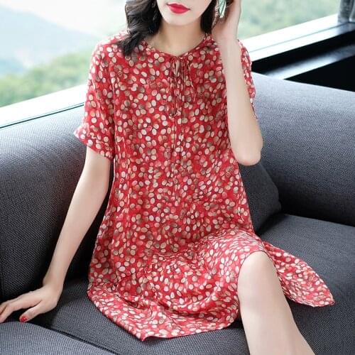 Summer 100% Natural Real Silk Women Dresses Elegant Bow O-neck Shirt Sleeve Ruffles Prairie Chic Office Lady Print Dress Loose