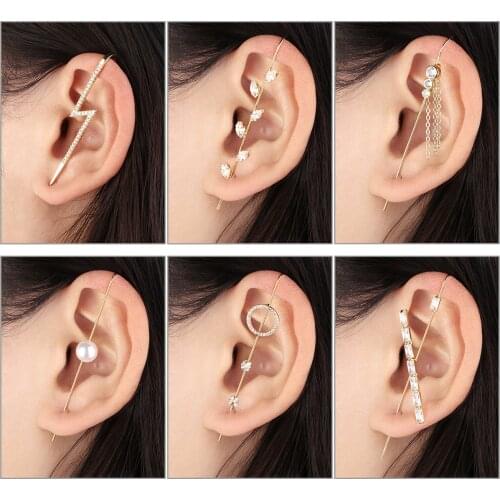 Zircon Copper Ear Wrap Crawler Hook Earring for Women CZ Stone Long Straight Climber Stud Earrings Piercing Ear Cuff Jewelry