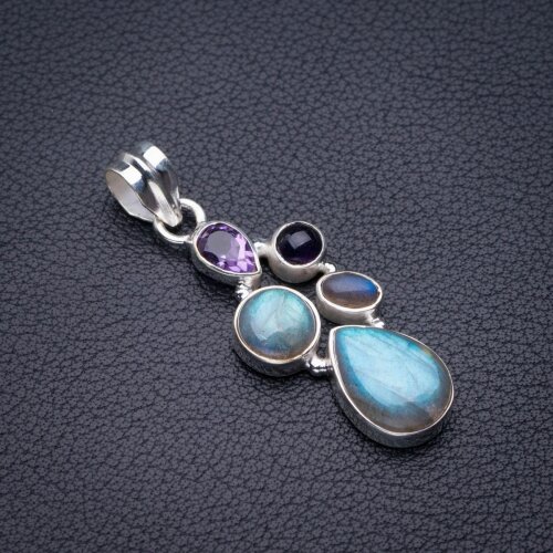 StarGems Natural Blue Fire Labradorite And Amethyst Handmade 925 Sterling Silver Pendant 1.75" D5354