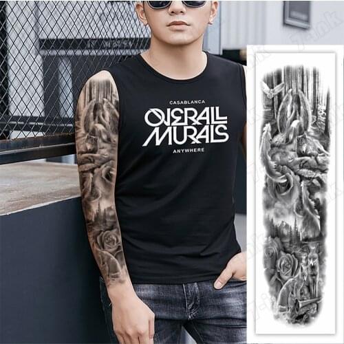 Temporary Full-arm Tattoo Sticker Angel Feather Wolf Flower Animal Warrior Arm Waterproof Fake Tatto 480*170mm for Men Women