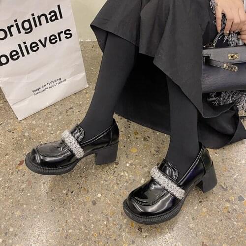 2021 New Spring Autumn Black Chunky Heel Platform Mary Jane Shoes With 5.5 cm High Heels Rhinestones Chain Women Shoes