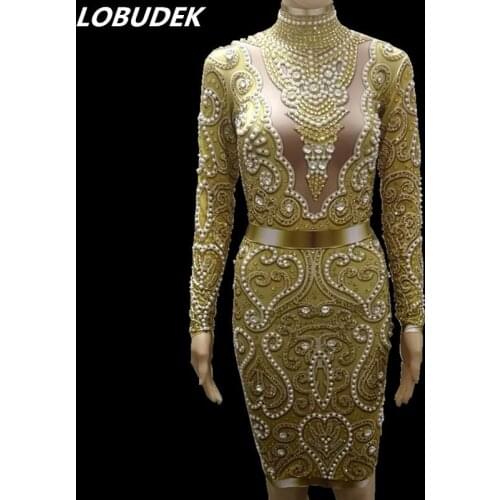Sparkly Gold Glass Stones Pearls Dress Long Sleeve Rhinestones Skinny Dress Prom Party Women Singer Stage Costume Host One Piece