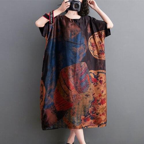 2021 New Arrival Short Sleeve Loose Summer Dress Rayon Print Floral Vintage Dress Plus Size Women Holiday Travel Casual Dress