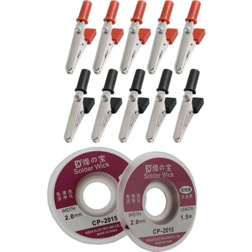 10 Pcs 50mm Plastic Handle Test Probe Metal Alligator Clips & 2Pcs 2.0MM Solder Wick Remover Desoldering Braid Wire Sucker Cable