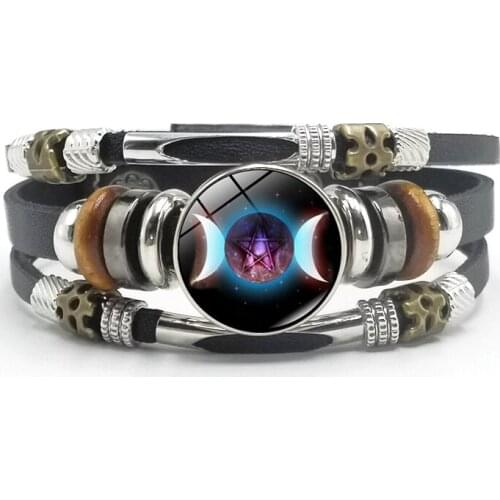 2020 Triple Moon Charm Bracelet Charm Glass Cabochon Black Leather Woven Snap Button Bracelet Men and Women Jewelry Gift