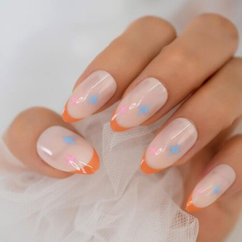 Press on Orange French False Nails Glossy Nude Star Pattern Design Women Fake Nail Stiletto Finger Wear Nail Art Tips 24pcs