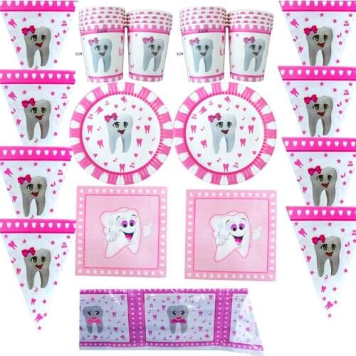 51pcs/lot Happy Birthday Party Powder Teeth Theme Napkins Hanging Banner Plates Tablecloth Decorate Girls Favors Cups Towel