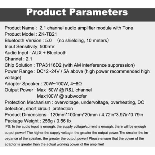 63HA ZK-TB21 TPA3116D2 Bluetooth 5.0 Subwoofer Amplifier Board 50WX2+100W 2.1 Channel Power Stereo Amplifier AMP Module