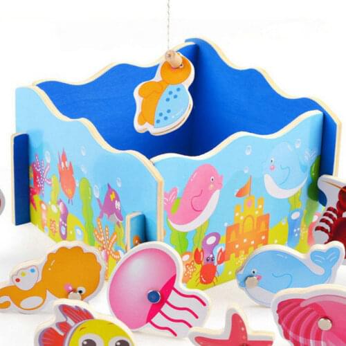Free Shipping Wooden Simulation Marine Biological Magnetic Fishing Toys Childrens Desktop Games Montessori Wood 3D Puzzles Gift