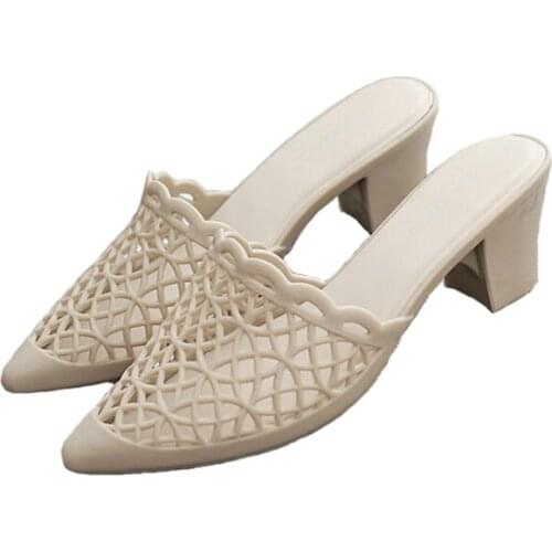 Sandals Women Retro Pointed Toe Cap Mesh Thick Heel Sandals Women Wear Non-Slip Jelly High Heel Sandals Women Large Size