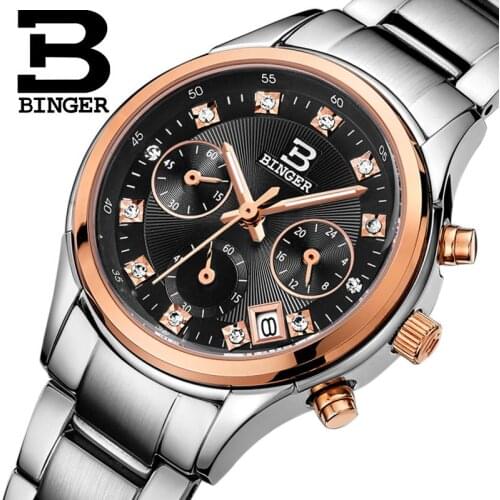 Switzerland Binger Womens watches luxury quartz waterproof full stainless steel Chronograph Wristwatches clock BG6019-W3