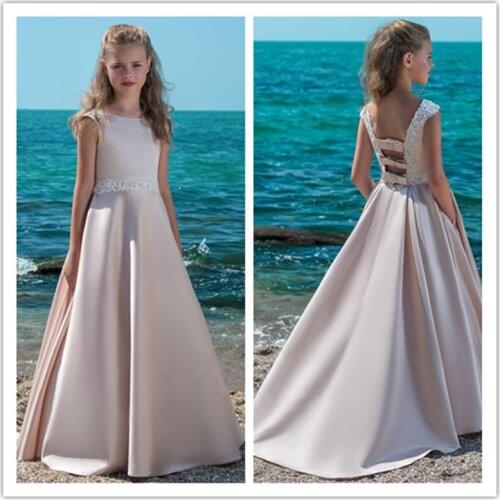Elegant Satin Dress For Girl Princess Beading Lace Flower Girls Dresses Backless Custom Made Vestido First Communion Gown