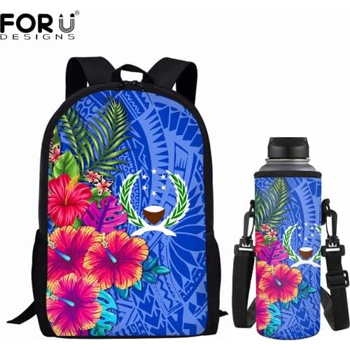 FORUDESIGNS Pohnpei Polynesian Tribal 3D Hibiscus Print Schoolbag for Kids Fashion Backpack Adjustable Bottle Cover Bag 2Pcs Set