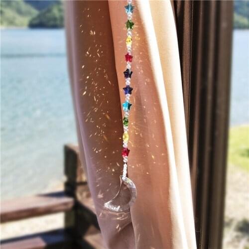 H&D Clear Crystal Crescent Moon Pendant Suncatchers With Rainbow Stars Shaped Beads Decor For Home Wedding Ornament
