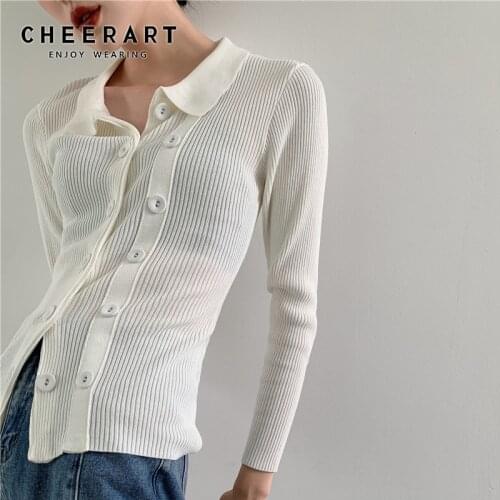 CHEERART White Cardigan Sweater Women 2020 Double Breasted Bodycon Knitted Cardigan With Collar Knitwear Knit Top Autumn Winter
