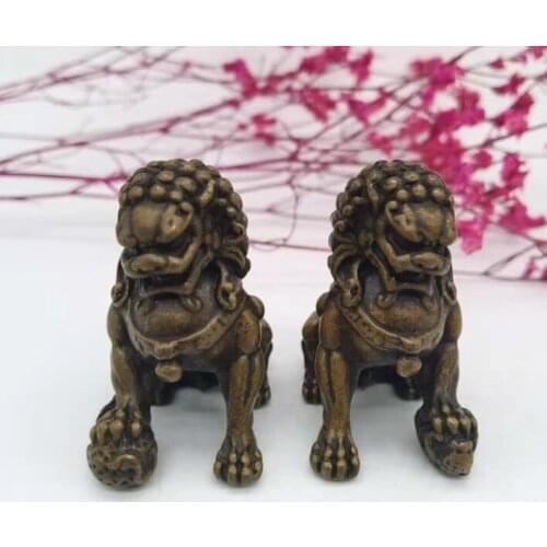Chinese Brass A pair of lions foo dog bronze statue set 4~5cm