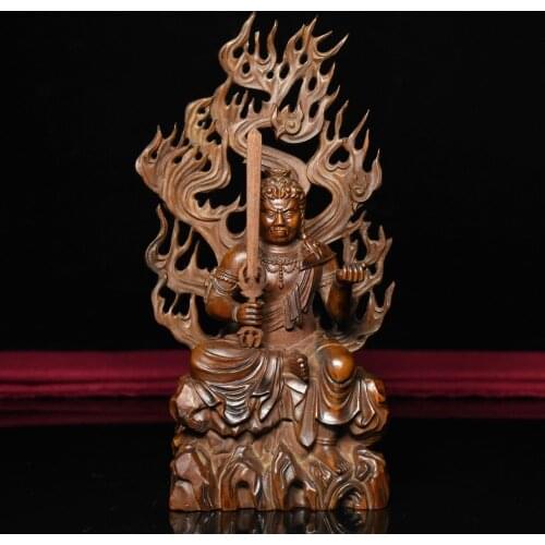 Christmas China Boxwood Wood Carved Fudo Myo-o / Acalanatha Protector Deity Buddha Statue New Year