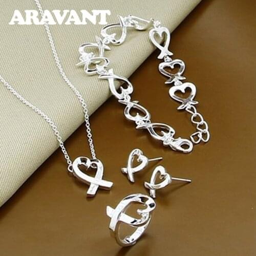 Wedding Jewelry Sets 925 Silver Heart Necklaces Bracelets Rings Earrings For Women Silver Jewelry