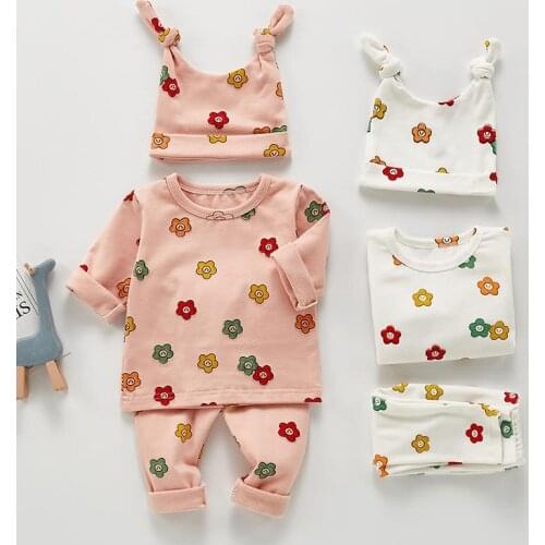Autumn New Baby Home Clothing Sets Kids Girls Long Sleeve Tops+trousers+hat 3pcs Suit Newborn Girls Cotton Flowers Clothes Set