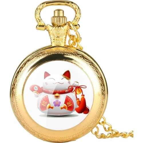 Chinese Design Lucky Cat Quartz Pocket Watch Gifts Creative Decoration Necklace Pendant Chain Clock Bring You Wealth and Luck