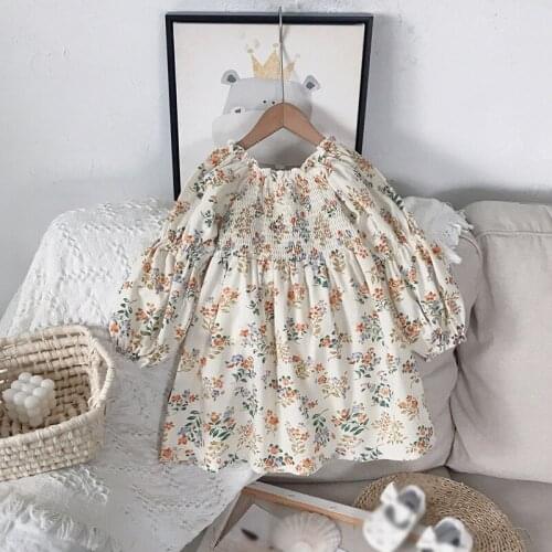 Summer Girls Cute Dress Square Neck Floral Princess Pleated Cotton Skirt Temperament Clothes for Birthday Party