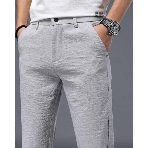 Summer Mens Casual Pants Men Trousers Male Pant Slim Fit Work Elastic Waist Light Thin Cool Breathable Trousers Male Black Gray