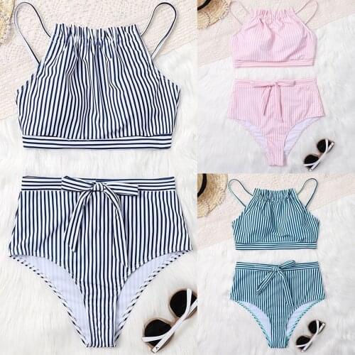 Summer sports personality swimsuit, womens off shoulder striped printed bow split Beach Bikini Swimsuit SAGACE bikini 2021 woma