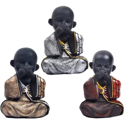 Cute Monk Figurine Happy Buddha Monk Statue Do not Say Look and Listen Collectible Figurines Resin Carved Ornament for Home Car