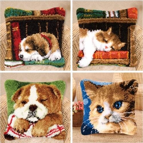 Cat Dog Latch Hook Animal Series Latch Hook Kit Segment Embroidery Pillow Wool Carpet Embroidery Rabbit Knooppakket Pillow Case