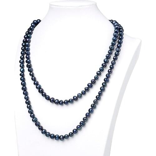 80/120cm Long Pearl Necklace Black beads Genuine Natural Freshwater Pearl Sweater Chain Necklace For Women Jewelry fashion Gift