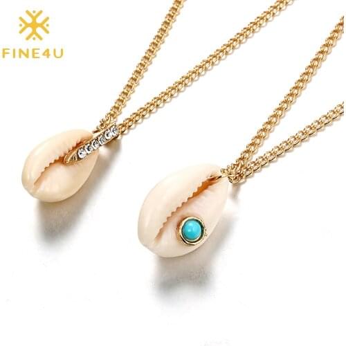 FINE4U N804 Gold Color Layered Long Chain Necklaces for Women Bohemia Summer Natural Shell Necklace Beach Jewelry