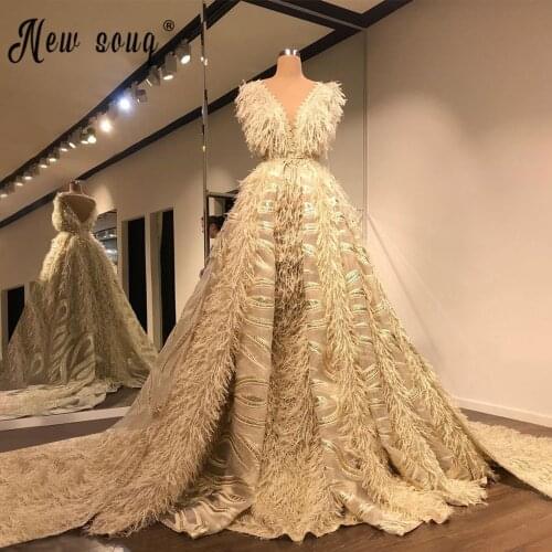 Luxury Feathers V Neck Formal Prom Dresses A Line Long Evening Dress Saudi Arabia Dubai Celebrity Party Gowns Vestidos Custom