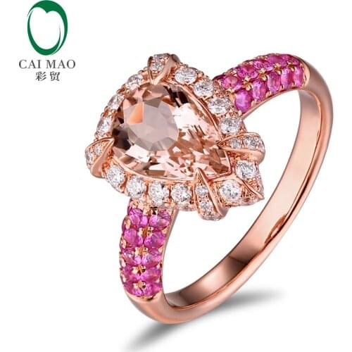 14K Rose Gold 1.36ct Natural Peach Morganite 1.06ctw Diamonds & Pink Sapphires Engagment Ring