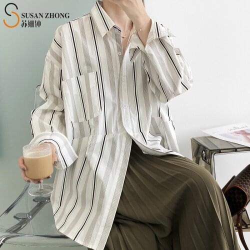 Women Shirts Female Blouses Long Sleeve Casual Tops Stripe Pattern Straight Loose Spring Autumn Buttons Pocket Korean Fashion