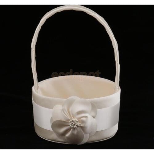 Champagne Silky Satin Chic Bud Flower Design Round Flower Girl Basket Bridal Bridesmaid Basket Wedding Party Petals Decoration