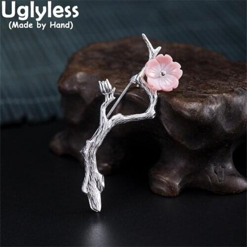 Uglyless Handmade Plum Blossom Branch Brooches for Women Natural Pink Shell Flowers Pins Brooch 925 Silver Evening Dress Jewelry