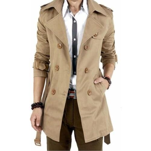 Mens Windbreaker Jacket Vintage Black Khaki Spring Autumn Business Trench Male Double Breasted Retro Classic Long Coat Men