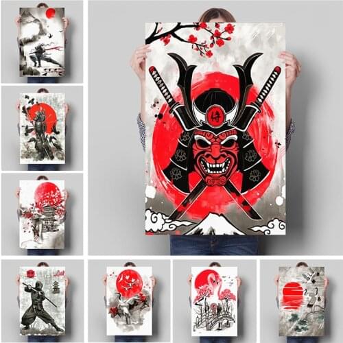 Japan Samurai Ninja Wall Decor Canvas Painting Red Sun Ink Style Posters and Prints Cuadros for Living Room Home Decoration