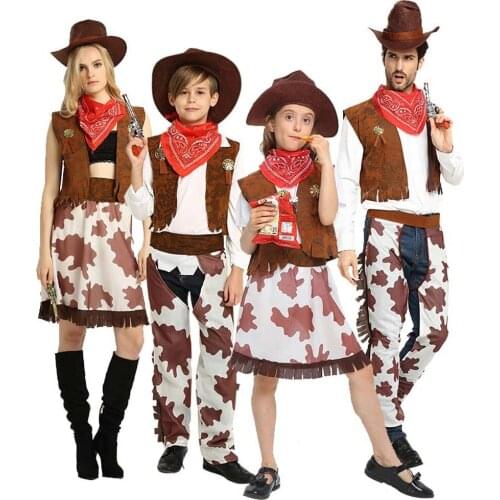 2019 Adult/children Halloween Cowboy Costume,Cowgirl Cosplay Western Dress Suit a fancy Party Carnival Adult and kids Costumes
