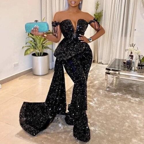 Black Sequins Jumpsuit Prom Party Dresses Off Shoulder Overskirt Train Plus Size Formal Evening Occasion Gowns For African girl