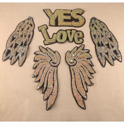 Cheap Sequins Angel Wings Patches for Clothing Sewing Applique Stripes Stickers Iron On Embroidery Patches Set High Quality