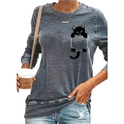 Cute Cat Print Kawaii Cartoon T shirt Long Sleeve Women Harajuka Funny T shirts Grey Black Casual Long T-Shirt Top Womens 2XL