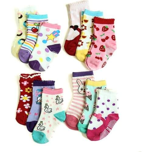 1-5y Girls Cotton Socks Soft Socks 12 Pcs Baby Cute Sweet Socks Non-slip Rubber Cartoon Casual W083