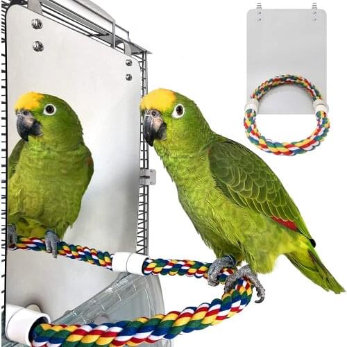 Parrot Toy Acrylic Bird Mirror with Rope Perches Toys Bird Swing Comfy Perch for Parakeet Cockatiel Conure Lovebirds Canaries